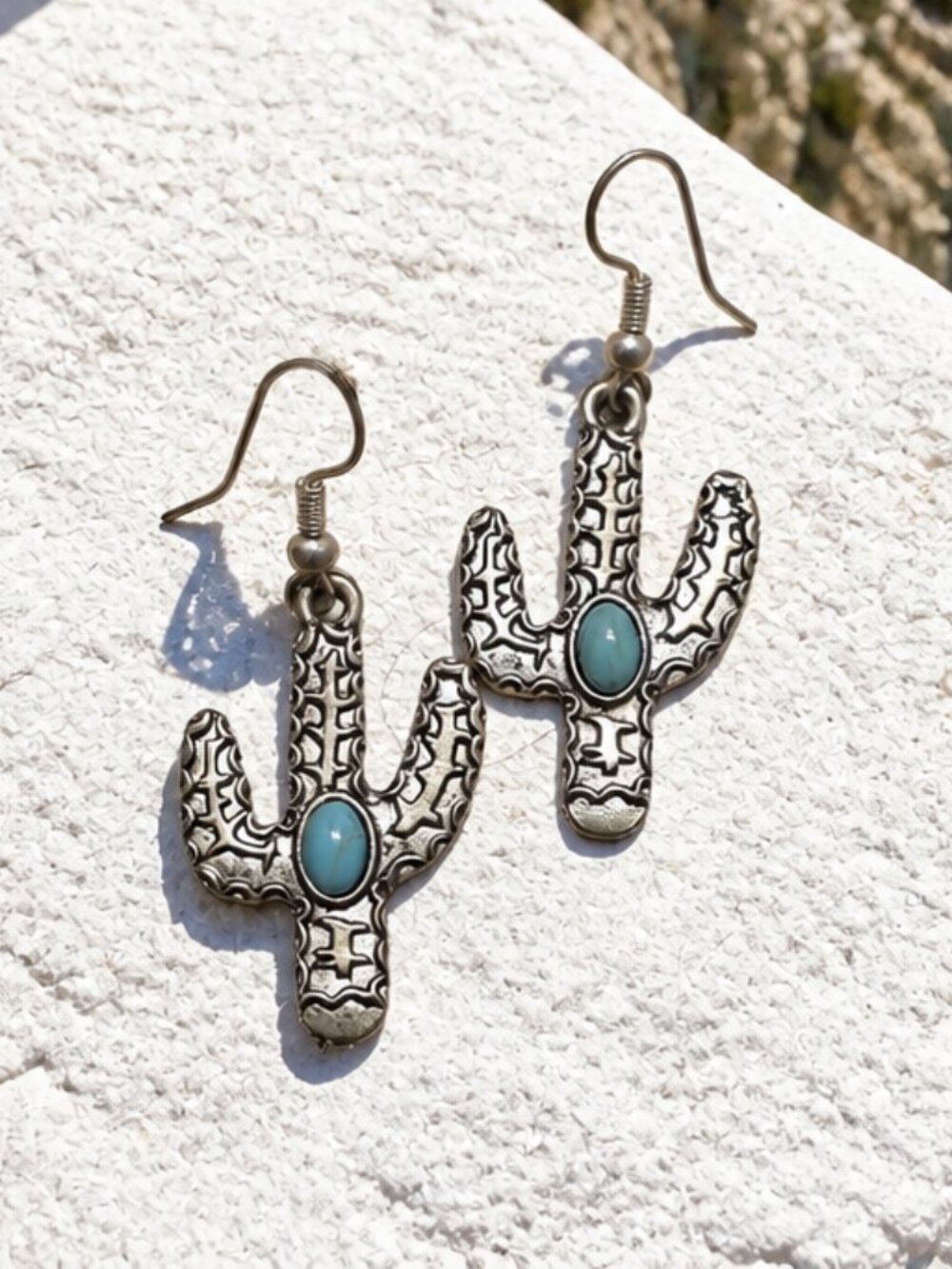 Southwestern Design Cactus with Turquoise Colored Beaded Earrings